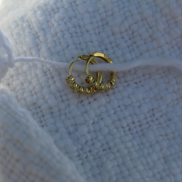 Sterling Silver Gold Huggie Hoops with Row of Isolated Simulated Diamonds - Picture 9 of 12